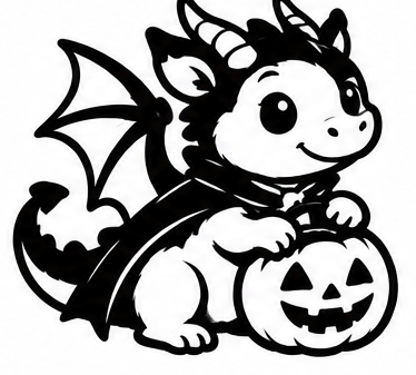 Black and white baby dragon with wings and horns beside a smiling jack-o'-lantern