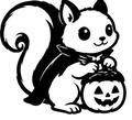 Black and white squirrel in a cape beside a smiling jack-o'-lantern