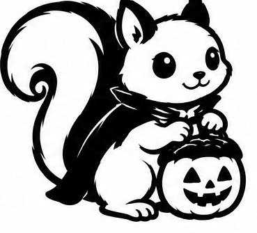 Black and white squirrel in a cape beside a smiling jack-o'-lantern