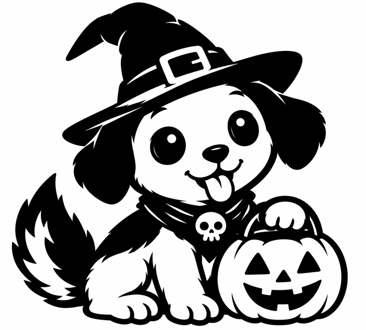 Black and white puppy wearing a witch hat beside a smiling jack-o'-lantern