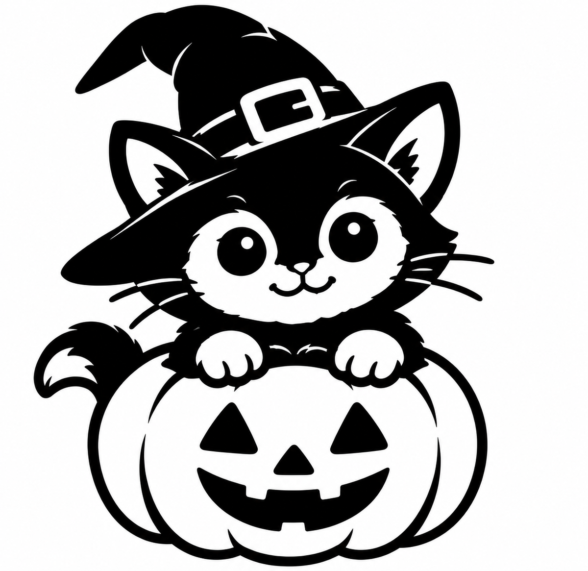 Black and white kitten in a witch hat peeking over a grinning jack-o'-lantern