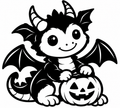 Black and white horned dragon with wings spread beside a smiling jack-o'-lantern