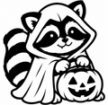 Black and white raccoon in a ghost costume holding a smiling jack-o'-lantern