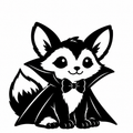 Black and white fox with white-tipped tail wearing a vampire cape and bow tie