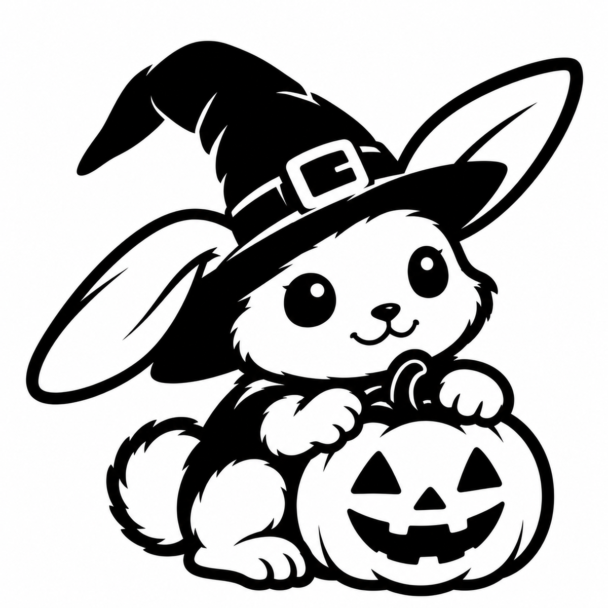 Black and white long-eared bunny wearing a witch hat beside a smiling jack-o'-lantern