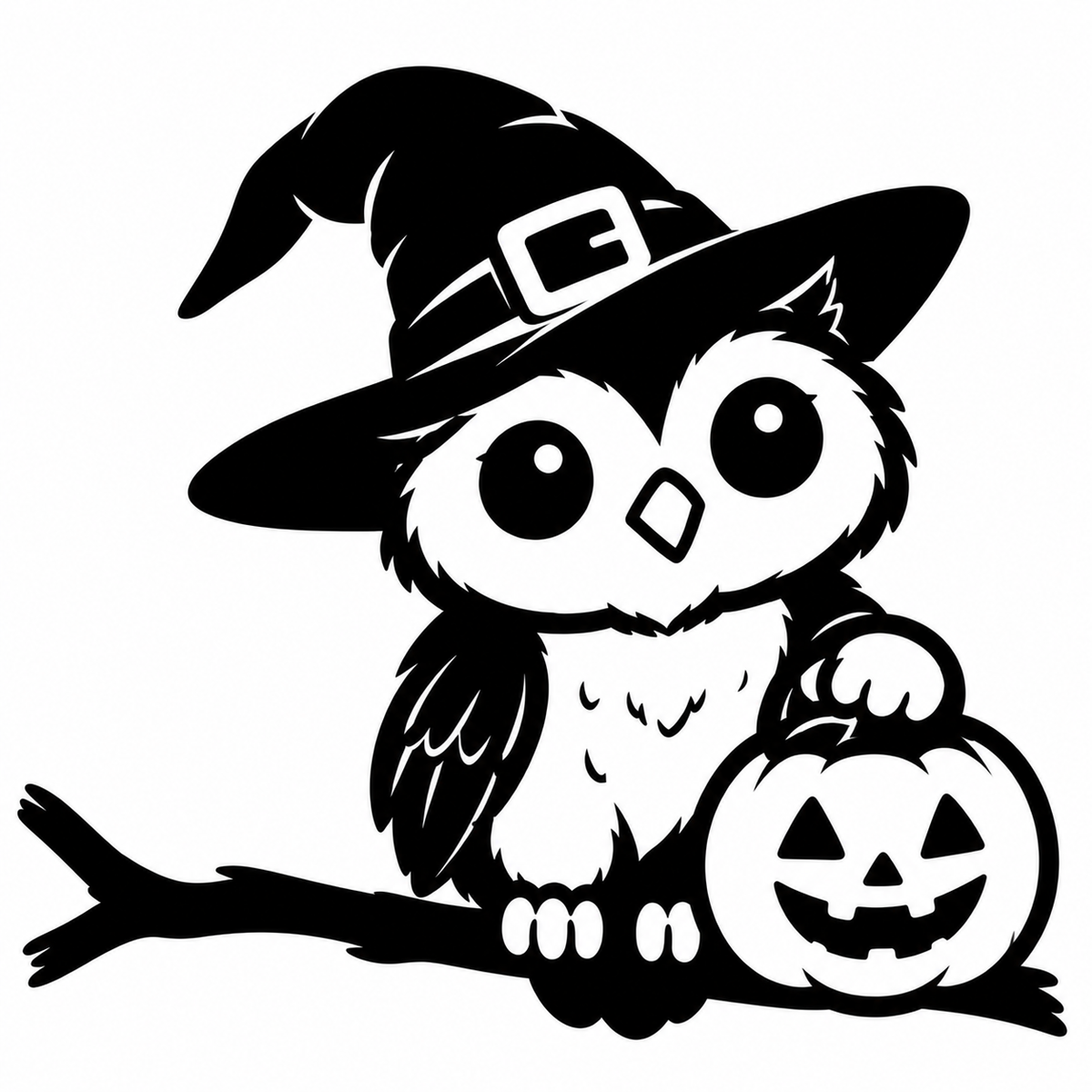 Black and white owl wearing a witch hat perched on a branch beside a smiling jack-o'-lantern