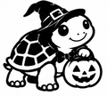 Black and white turtle wearing a witch hat beside a smiling jack-o'-lantern