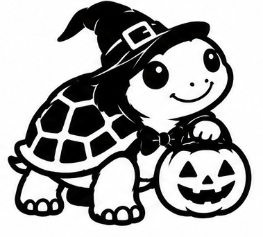 Black and white turtle wearing a witch hat beside a smiling jack-o'-lantern