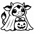 Black and white cow in a ghost costume holding a smiling jack-o'-lantern