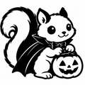 Black and white squirrel with large curled tail in a vampire cape holding a jack-o'-lantern
