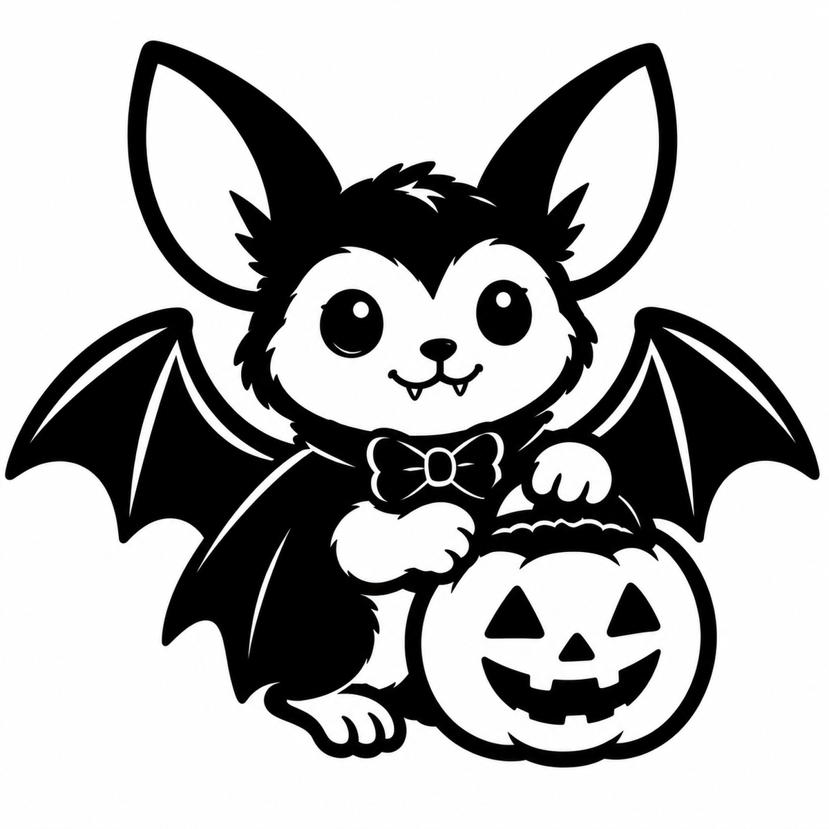 Black and white bat with spread wings, tiny fangs, and bow tie beside a smiling jack-o'-lantern