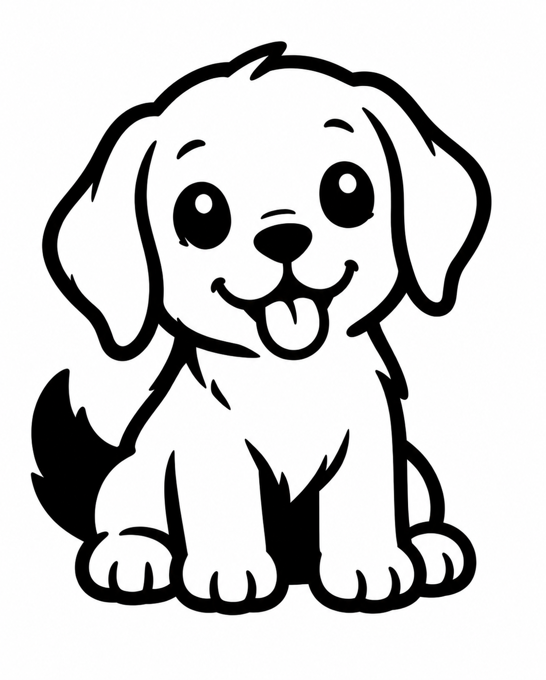 Kawaii-style illustration of a cute puppy sitting with tongue out, black and white line art