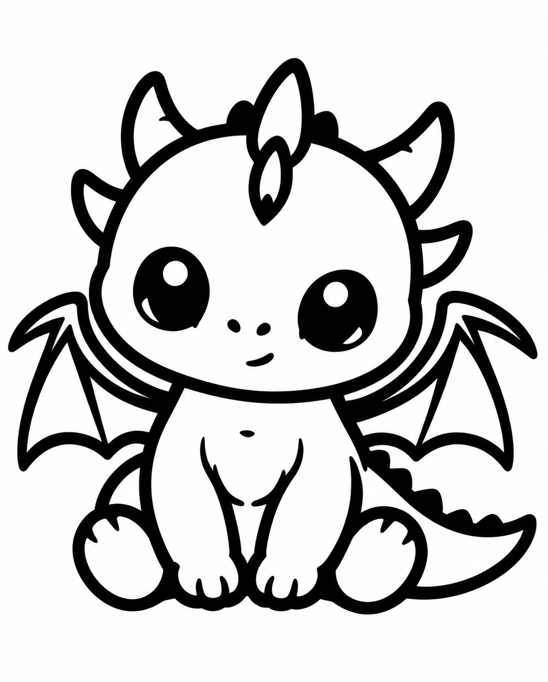 Kawaii-style illustration of a cute baby dragon sitting with wings, black and white line art