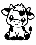 Kawaii-style illustration of a cute baby cow sitting, black and white line art