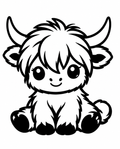Kawaii-style illustration of a cute fluffy highland calf sitting, black and white line art