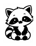 Black and white illustration of a cute seated raccoon with a striped tail