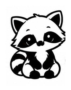 Black and white illustration of a cute seated raccoon with a striped tail