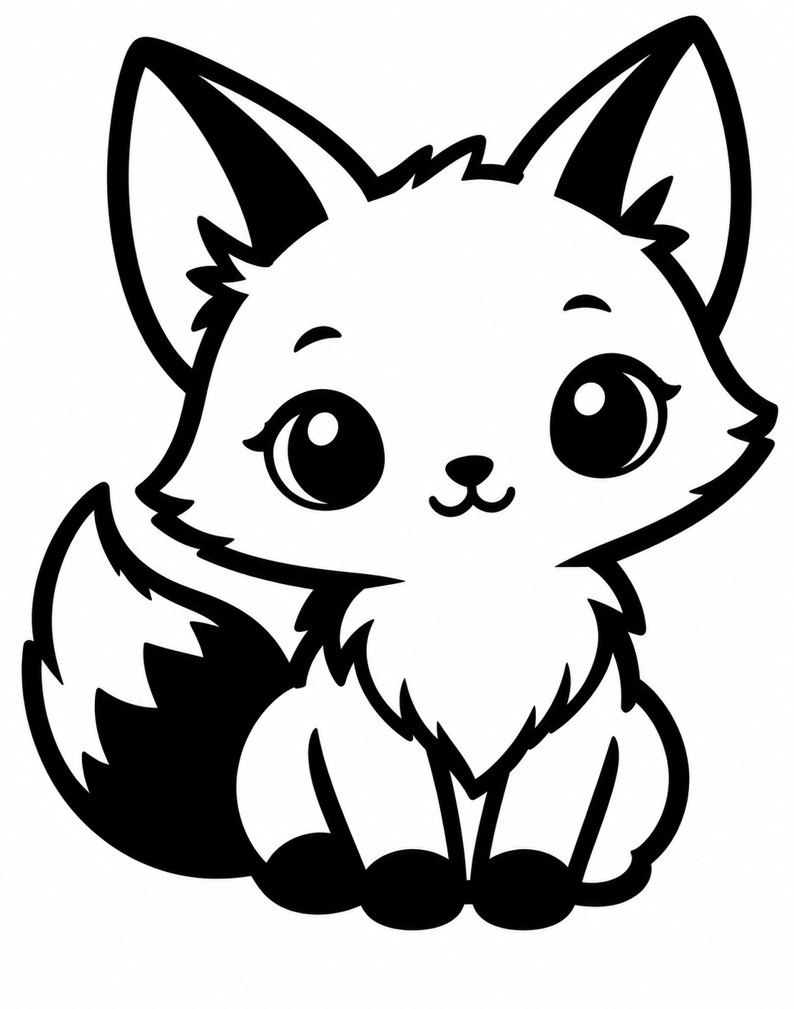 Black and white cute seated fox with oversized ears and a bushy tail