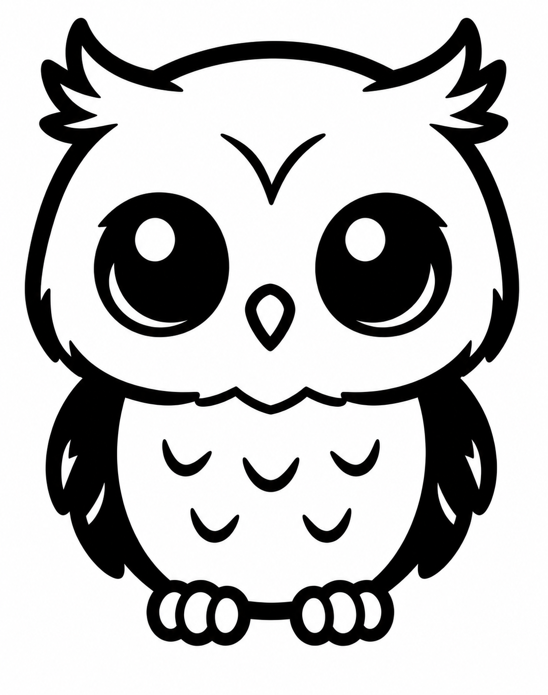 Black and white illustration of a cute wide-eyed owl with feather tufts and tiny feet