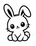 Black and white illustration of a cute seated bunny with one floppy ear and a fluffy tail