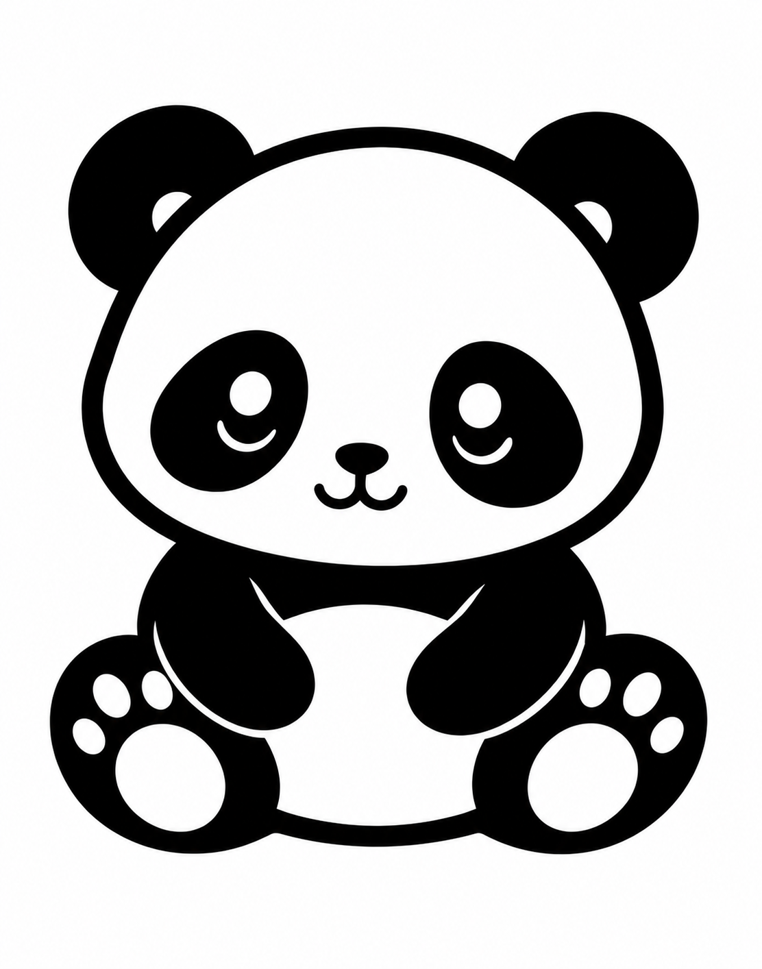 Black and white illustration of a cute seated panda showing its paw pads