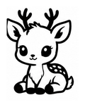 Black and white illustration of a cute seated deer with antlers and a spotted back