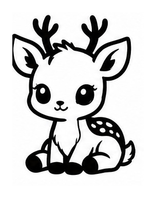 Black and white illustration of a cute seated deer with antlers and a spotted back