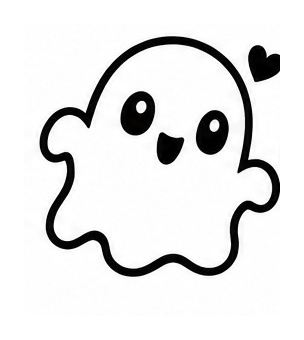 Black and white illustration of a smiling ghost with a small floating heart