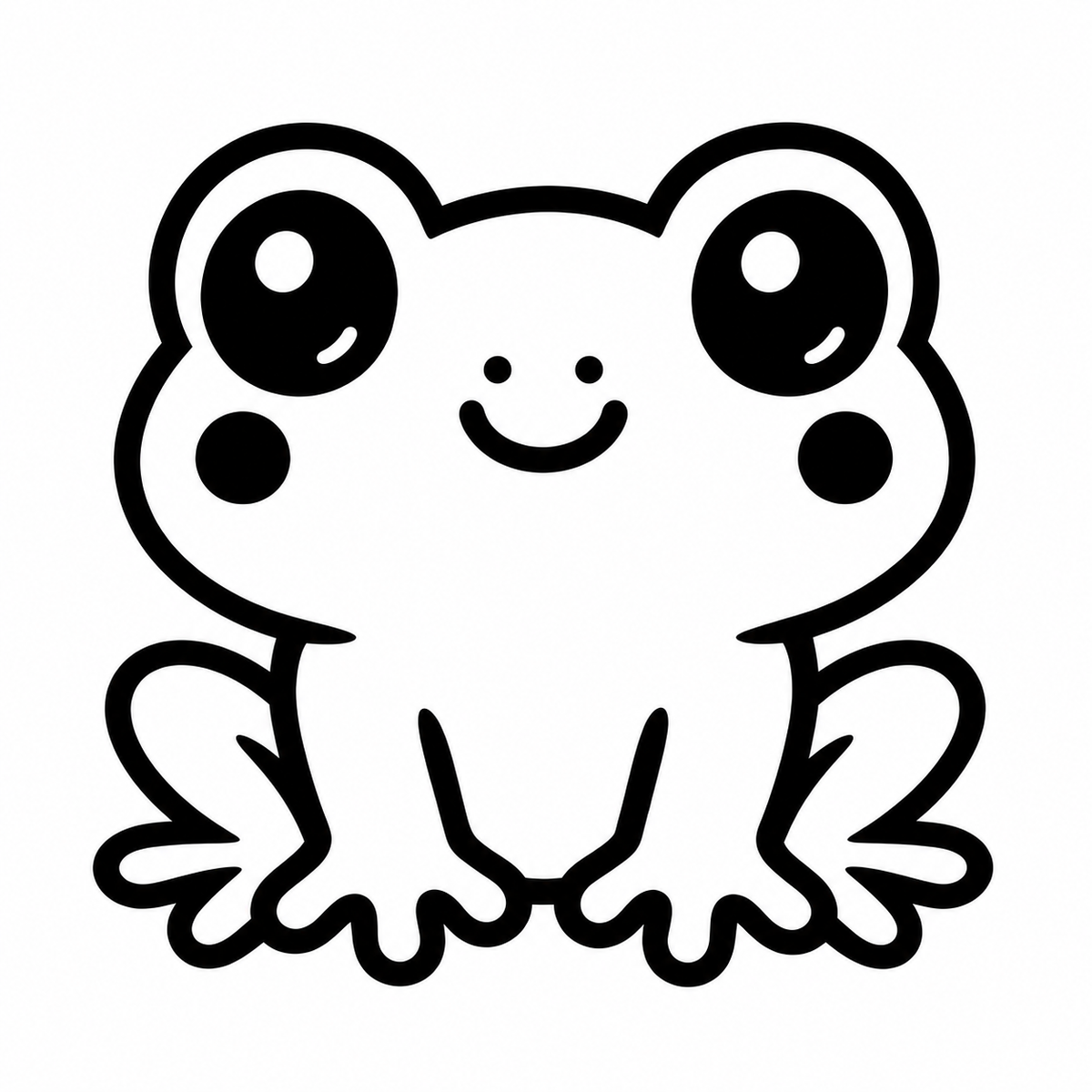 Black and white illustration of a cute smiling frog with big eyes and splayed toes