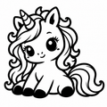 Black and white illustration of a cute seated unicorn with a striped horn and curly mane and tail
