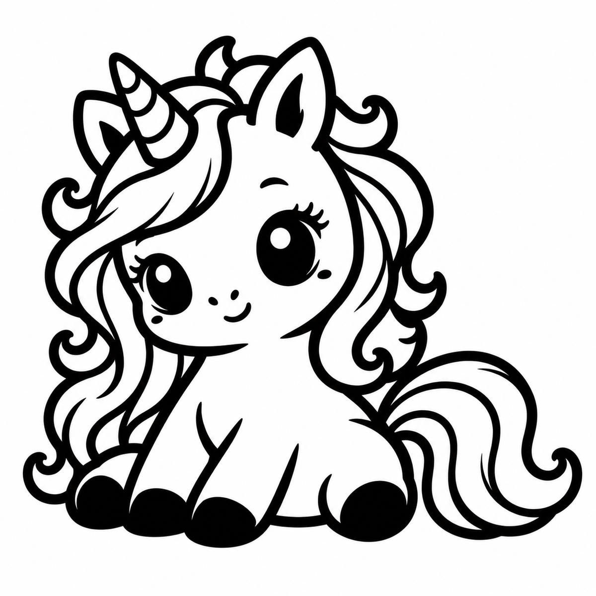 Black and white illustration of a cute seated unicorn with a striped horn and curly mane and tail