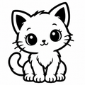 Black and white illustration of a wide-eyed seated kitten with long whiskers and curled tail