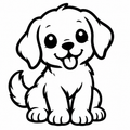 Black and white illustration of a smiling seated puppy with floppy ears and a curled tail