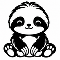 Black and white illustration of a smiling seated sloth with shaggy fur, long claws, and paw pads