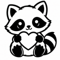 Kawaii-style illustration of a cute raccoon holding a heart, black and white line art