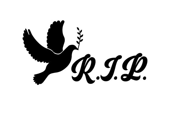 R.I.P. dove sticker with olive branch and script lettering