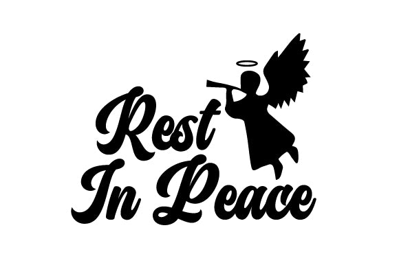 Rest In Peace angel sticker with halo, trumpet, and bold script lettering