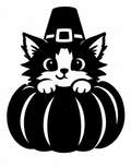 Cute cat wearing a pilgrim hat and peeking out of a pumpkin