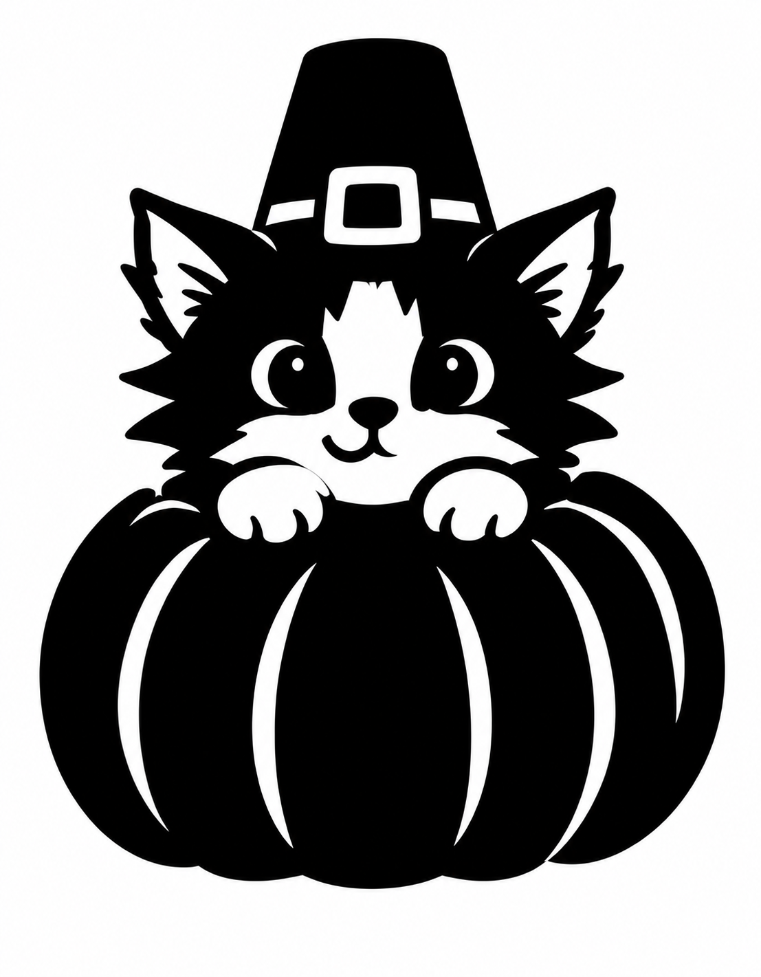 Cute cat wearing a pilgrim hat and peeking out of a pumpkin