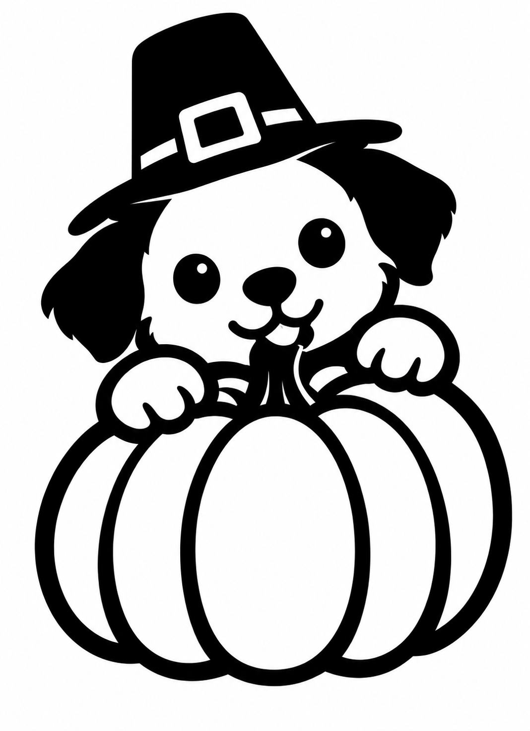 Cute puppy wearing a pilgrim hat, peeking over a pumpkin