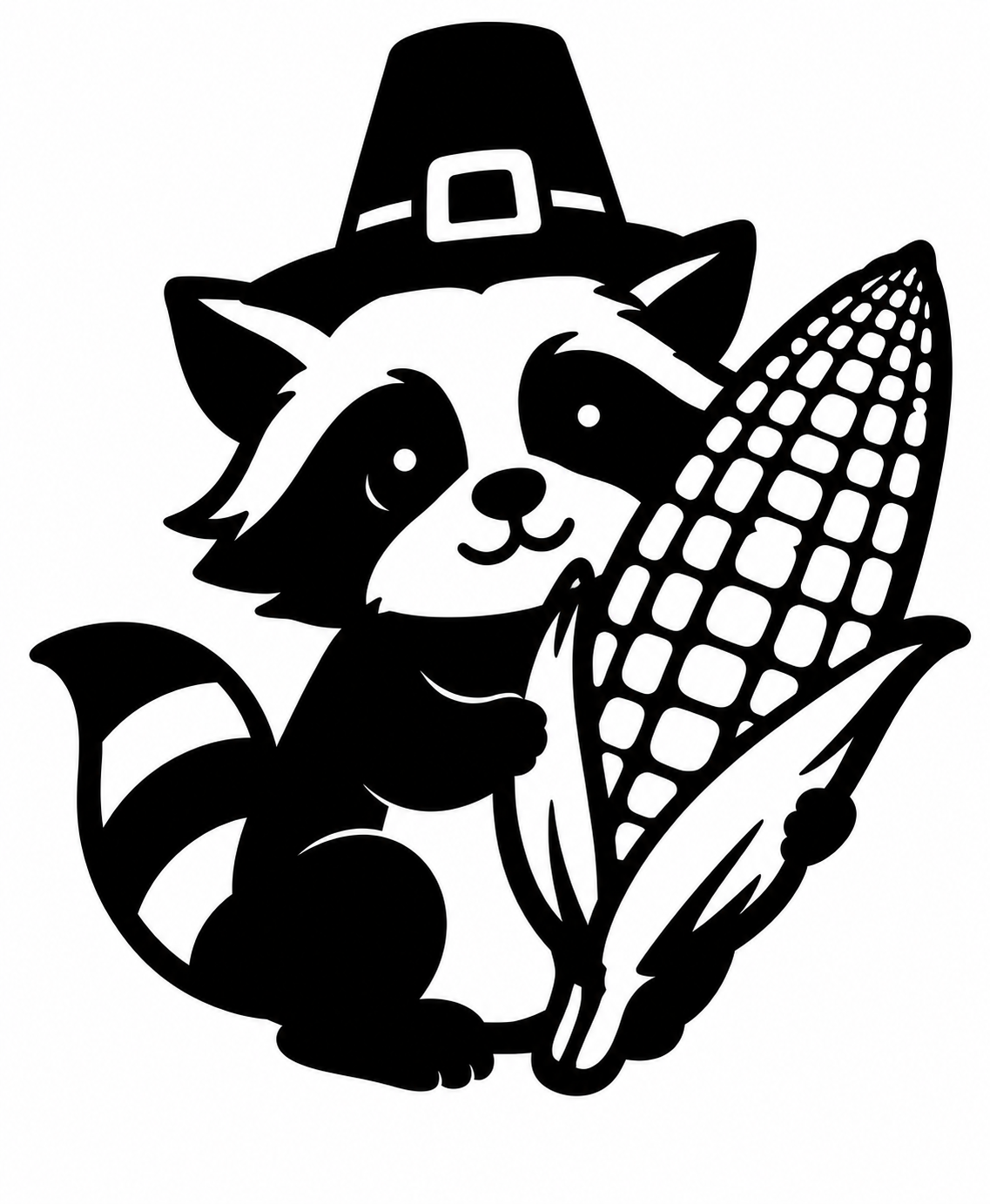 Cute raccoon wearing a pilgrim hat and holding an ear of corn