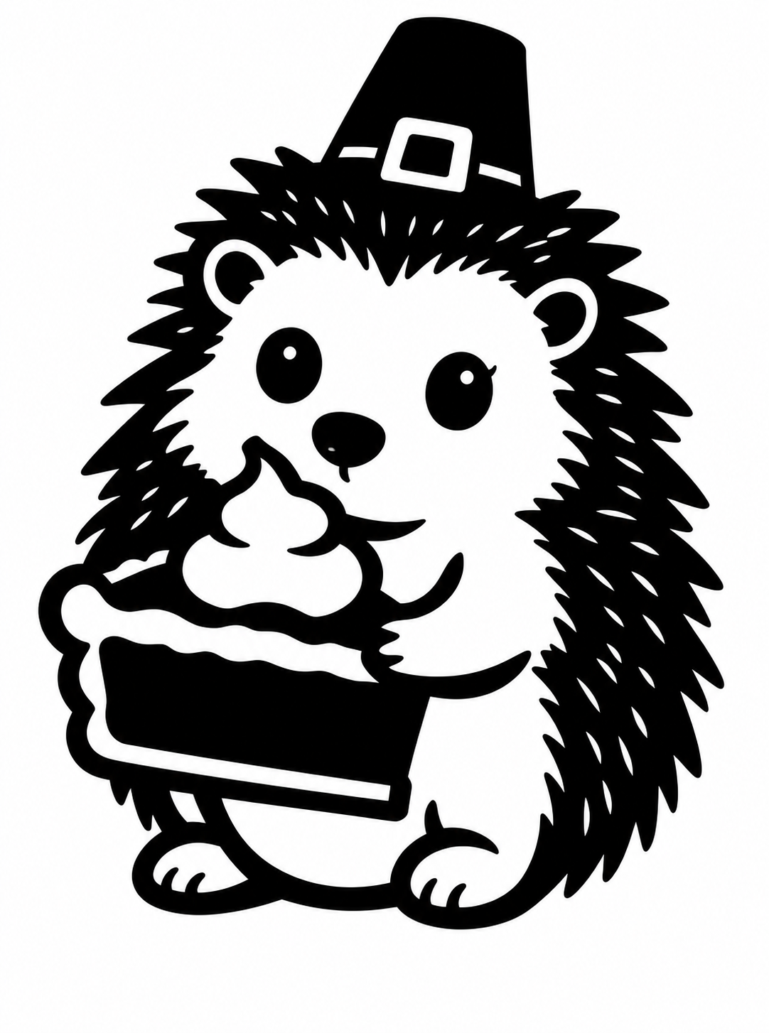 Cute hedgehog wearing a pilgrim hat and holding a pie topped with whipped cream