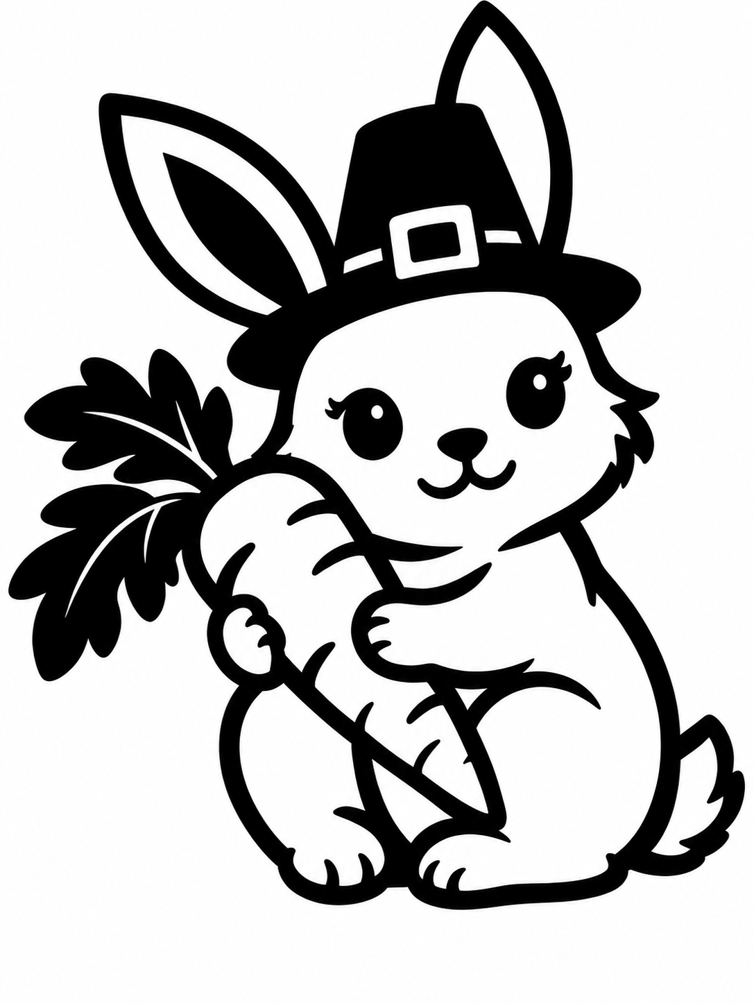 Cute bunny wearing a pilgrim hat and holding a carrot