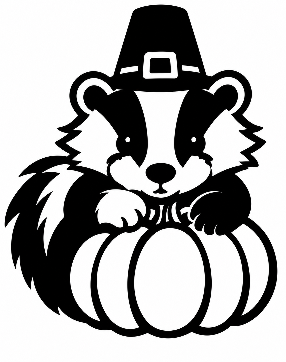 Cute skunk wearing a pilgrim hat and peeking over a pumpkin