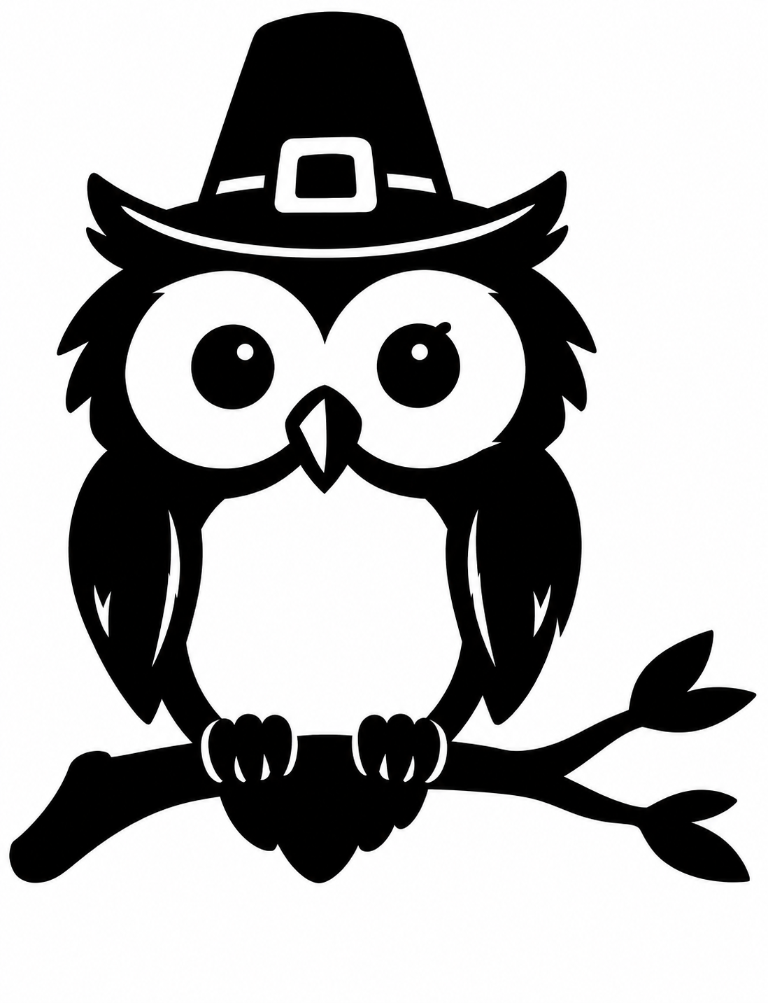 Cute owl wearing a pilgrim hat perched on a branch