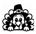 Smiling turkey wearing a pilgrim hat peeking over a line with fanned tail feathers