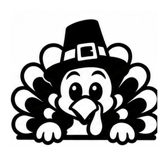 Smiling turkey wearing a pilgrim hat peeking over a line with fanned tail feathers