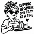 Lunch lady holding a lunch tray, text Serving Up Smiles One Tray at a Time