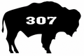 307 Bison Silhouette Right Decal - Bold black right-facing bison silhouette with 307 Wyoming area code knocked out in white on the body