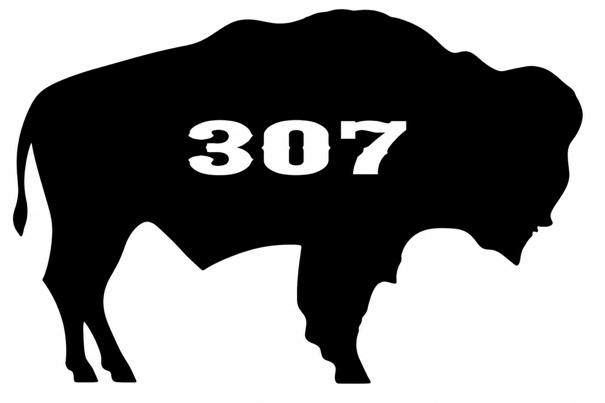 307 Bison Silhouette Right Decal - Bold black right-facing bison silhouette with 307 Wyoming area code knocked out in white on the body